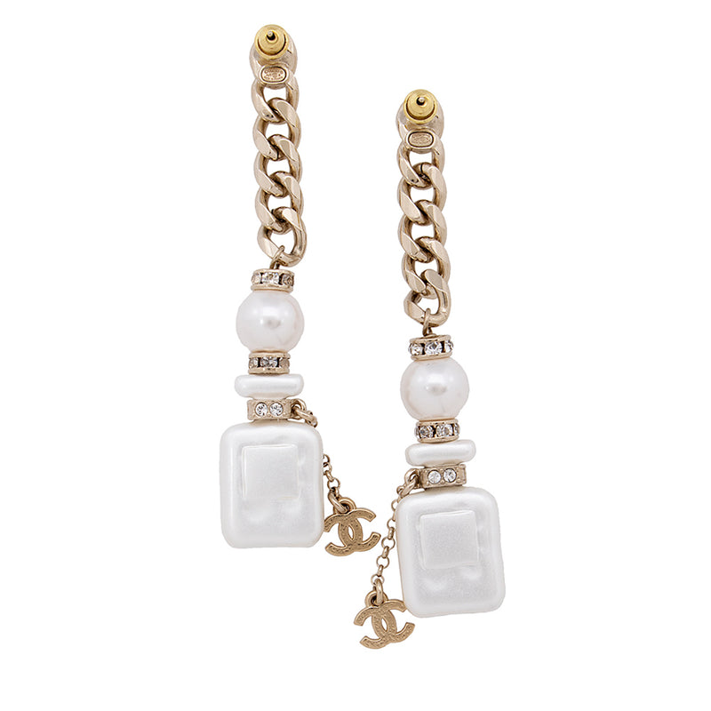 Chanel CC Pearl Resin Crystal No. 5 Perfume Bottle Chain Drop Earrings –  LuxeDH