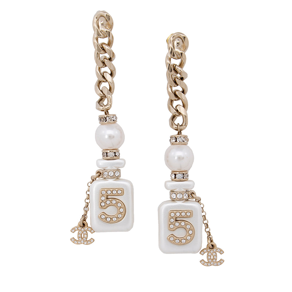 Chanel CC Pearl Resin Crystal No. 5 Perfume Bottle Chain Drop Earrings (SHF-20524)