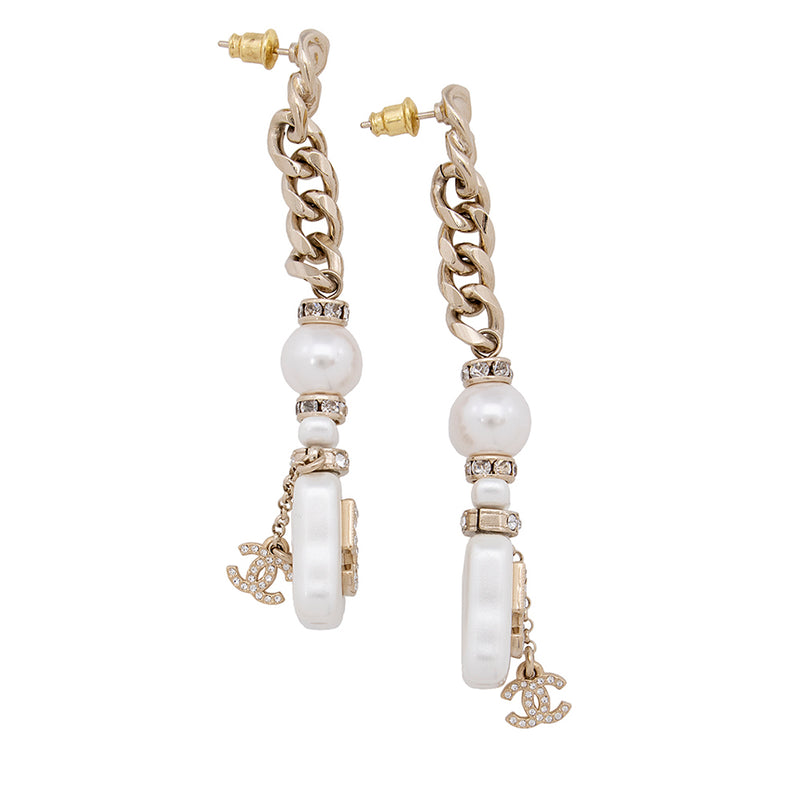 Chanel CC Pearl Resin Crystal No. 5 Perfume Bottle Chain Drop Earrings –  LuxeDH