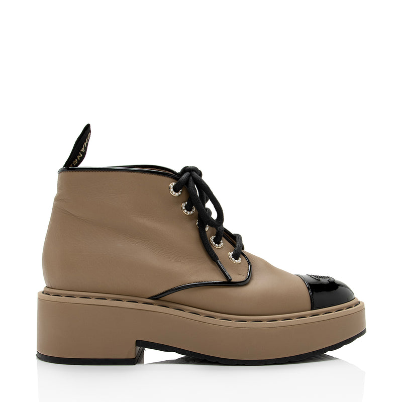 CHANEL Lambskin CC Platform Cap Toe Chain Ankle Boots 38.5 Black 604771