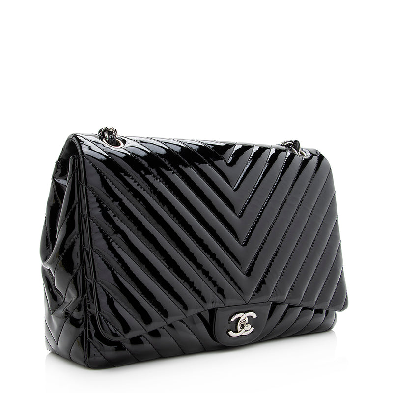 Chanel Chevron Patent Leather Classic Maxi Single Flap Bag - FINAL