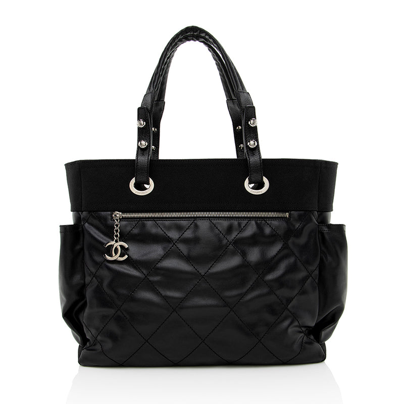CHANEL Paris Biarritz Tote Black Coated Canvas Leather Small Tote Bag Black