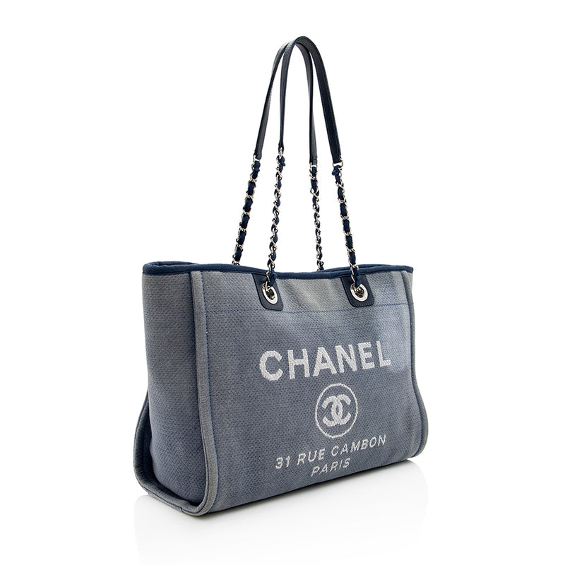 CHANEL 22B Dark Blue Maxi Shopping Bag L/XL Deauville Tote Pouch Denim Gold  NEW
