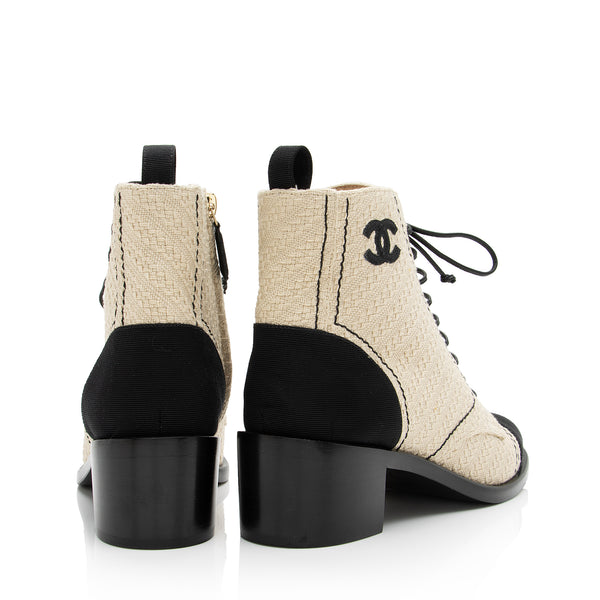 Chanel Fabric Grosgrain CC Lace Up Ankle Boots - Size 7.5 / 37.5
