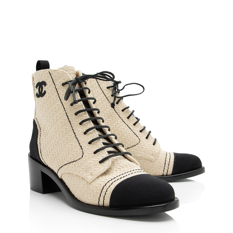 Chanel Fabric Grosgrain CC Lace Up Ankle Boots - Size 7.5 / 37.5 (SHF-23346)