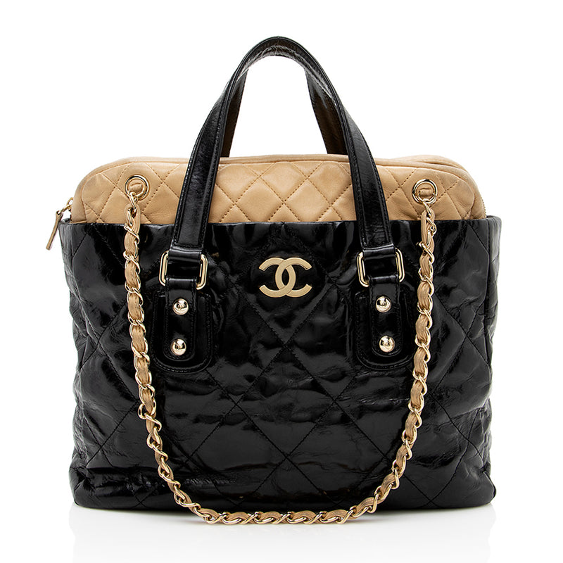 Chanel Black Glazed Quilted Leather Portobello Large Tote Bag