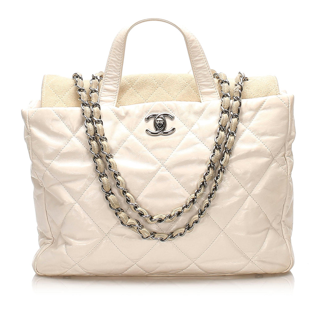 Chanel Navy Blue/White Quilted Leather and Tweed Portobello Two-Way Tote Bag  - Yoogi's Closet