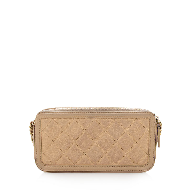 CHANEL Letter Calfskin Embossed Quilted Wallet On Chain WOC Beige