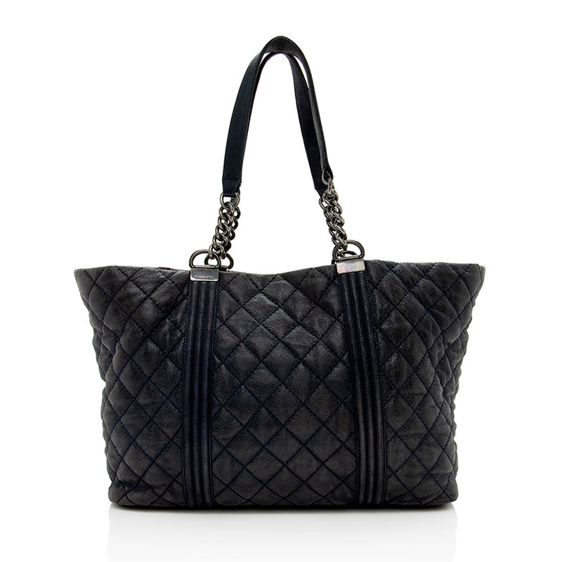 Calfskin Quilted Large Classic Shopping Tote Black SHW