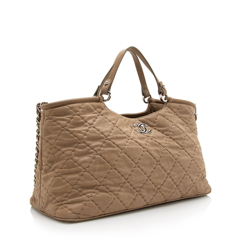 Chanel Drawstring Large Quilted Calfskin Shopping Tote Bag Beige