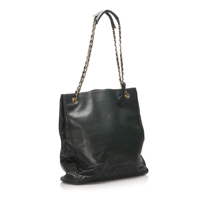 Vintage CHANEL Black Quilted Suede CC Logo Chain Shoulder Tote Bag FRANCE