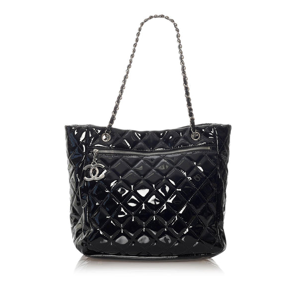 An Authentic Chanel Large Black Lambskin Matelasse Handbag Shoulder Bag
