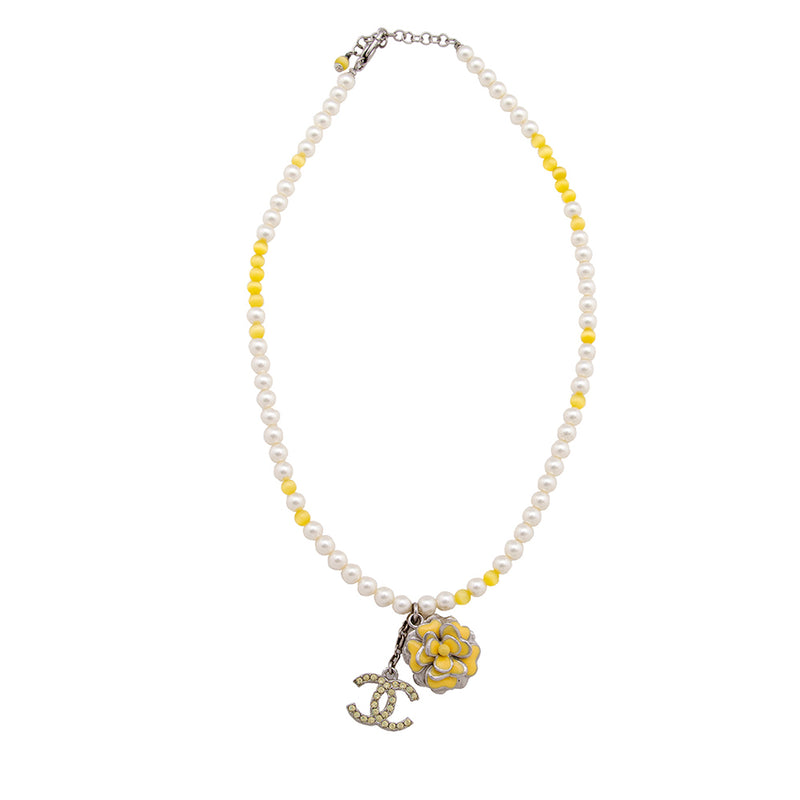 Chanel Pearl Crystal Camellia CC Pendent Necklace (SHF-18864)