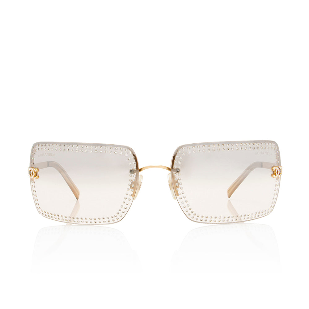 Chanel Rimless Rectangular Crystal Studded CC Sunglasses (SHF