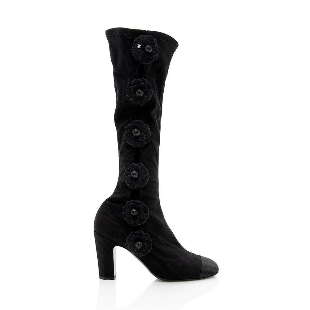 Chanel Satin Camellia Sock Boot - Size 7 / 37 (SHF-17935)