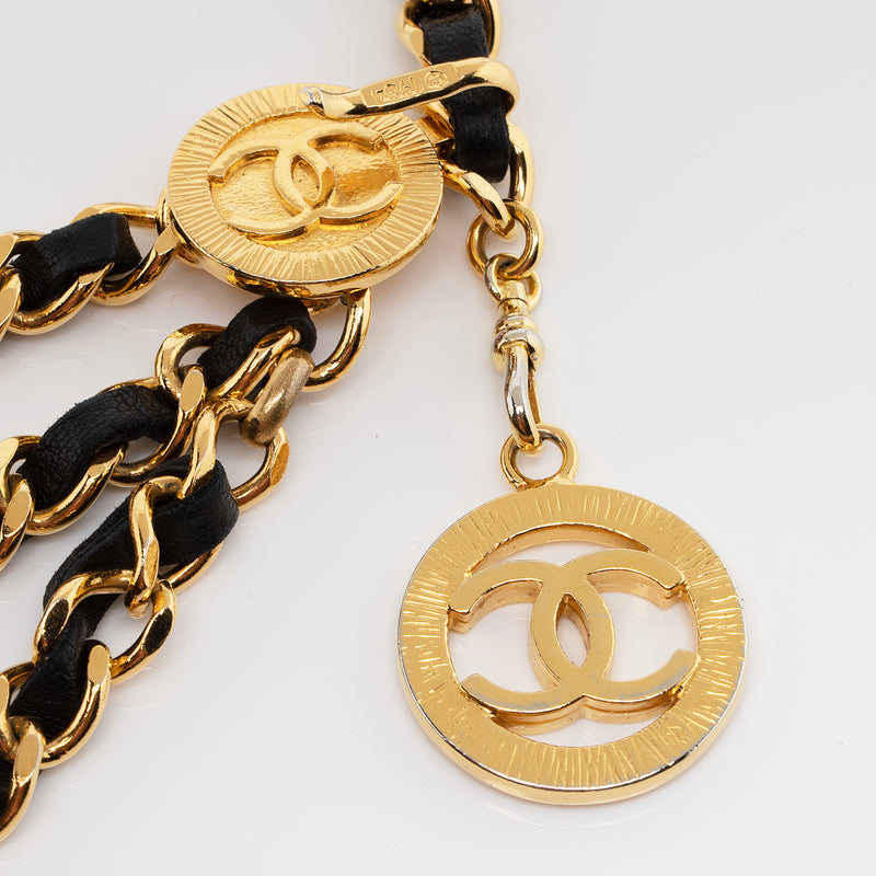 CHANEL Black Lambskin Leather Gold Metal Logo Charm Chain Link Waist Belt