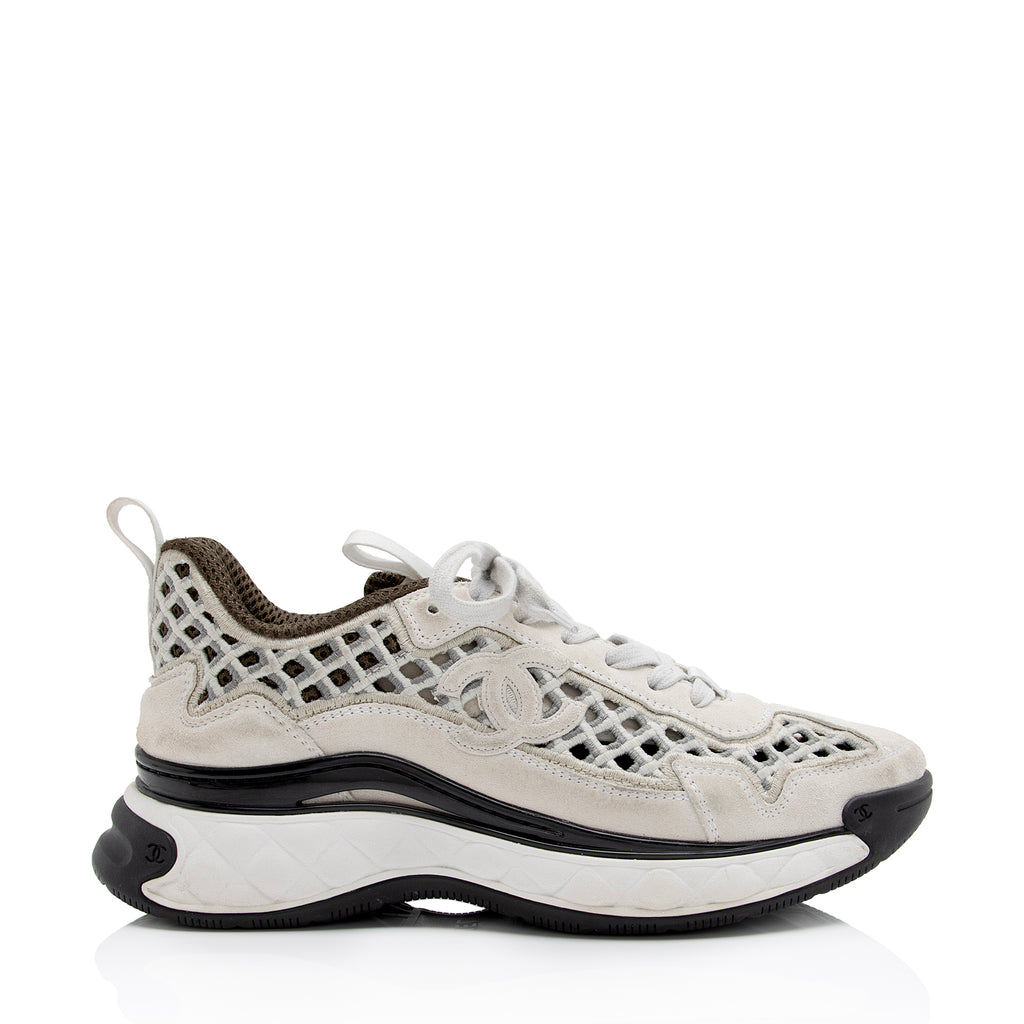 CHANEL Nylon Lambskin Suede Calfskin CC Sneakers 38.5 Pink White