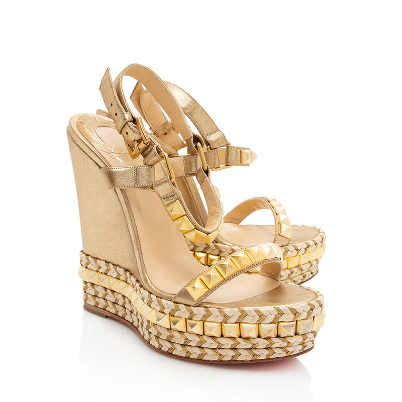 Christian Louboutin Metallic Leather Cataclou Studded Wedges - Size 7 –  LuxeDH