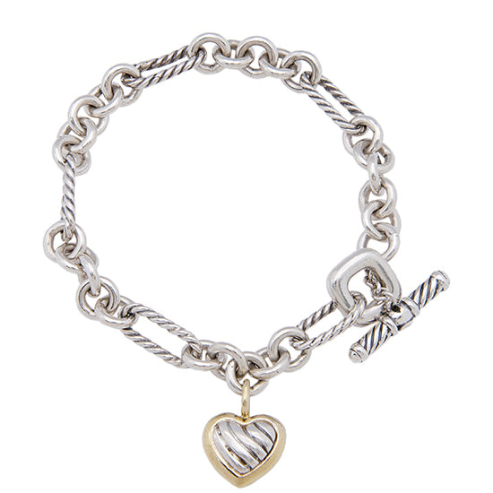 David Yurman 18k Yellow Gold Sterling Silver Cookie Classic Heart Cable Madison Chain Toggle Bracelet (SHF-42Erut)
