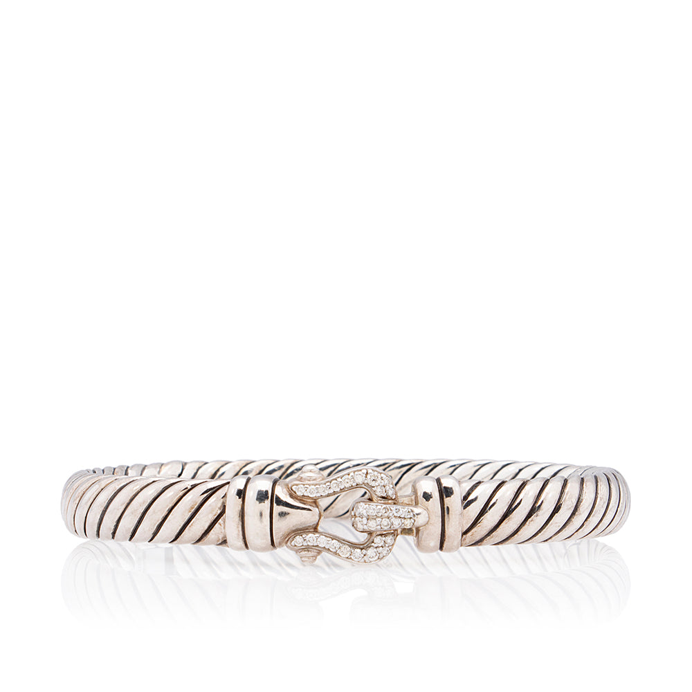 David Yurman Sterling Silver Diamond Buckle 7mm Cable Hinged Bracelet (SHF-22109)