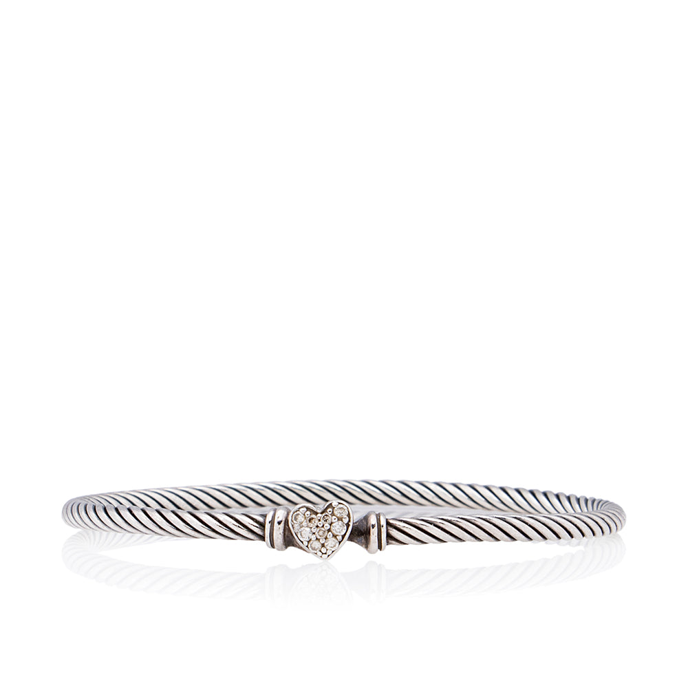 David Yurman Sterling Silver Pave Diamond Heart Cable Collectibles 3mm Bracelet (SHF-19204)