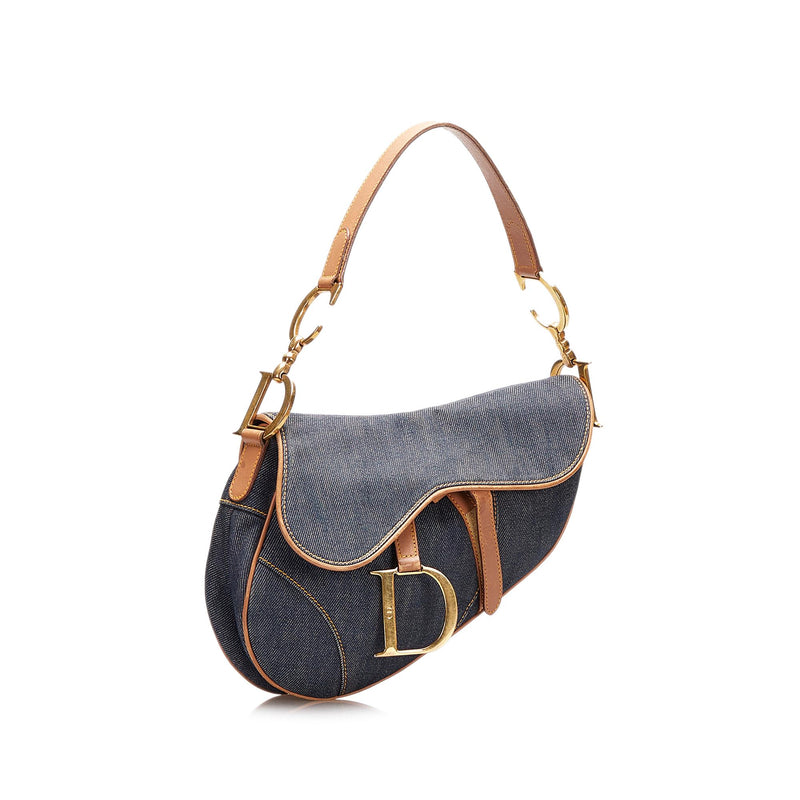 CHRISTIAN DIOR Denim Logo Double Saddle Bag with Pouch