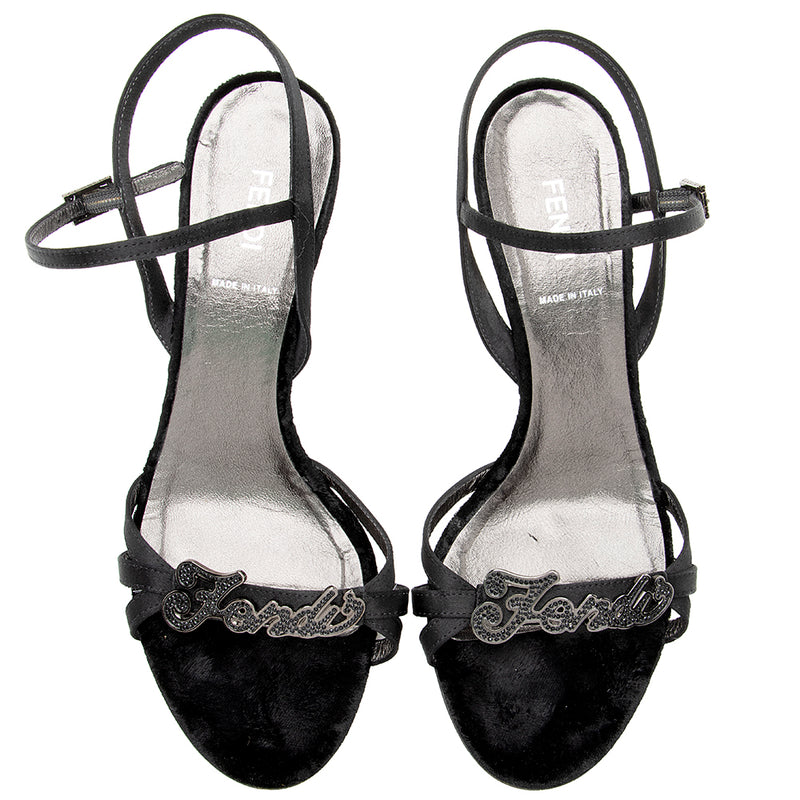 Fendi Velvet Crystal Logo Embellished Sandals - Size 7 / 37 (SHF