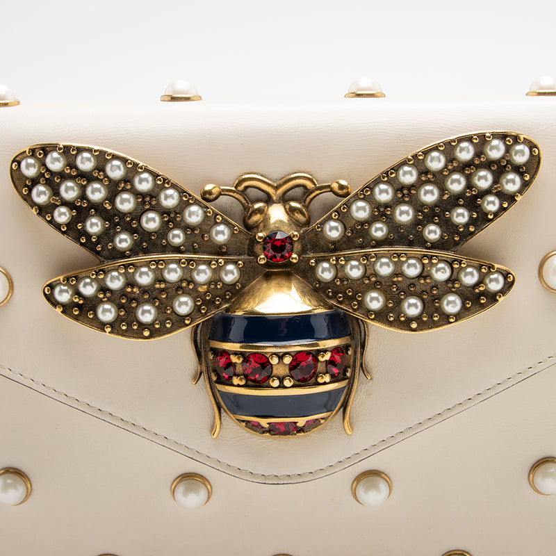 Gucci Calfskin Pearl Bee Broadway Mini Shoulder Bag (SHF-16367)