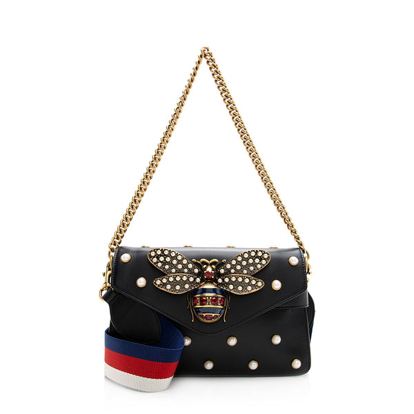 Gucci Calfskin Pearl Bee Broadway Mini Shoulder Bag (SHF-21311)