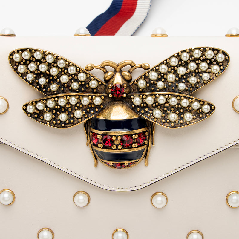 Gucci Calfskin Pearl Bee Broadway Mini Shoulder Bag (SHF-22409