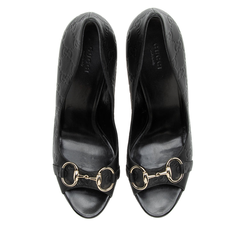 Gucci Guccissima Leather Hollywood Horsebit Peep Toe Pumps - Size 9.5 / 39.5 (SHF-AG6d9a)