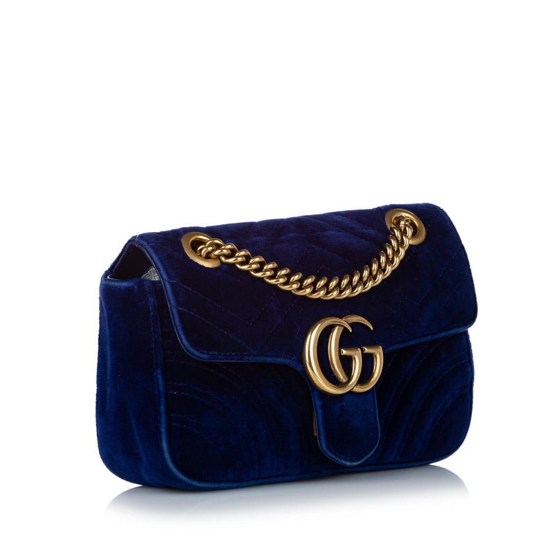Gucci Gg Marmont Shoulder Bag Matelasse Velvet Small Cobalt Blue