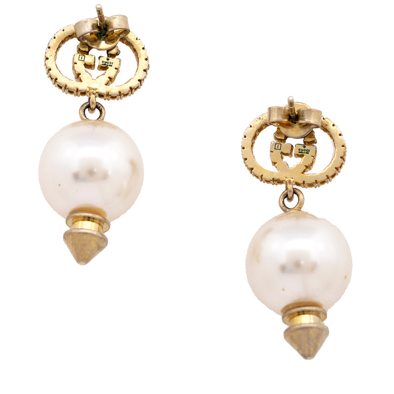 Gucci Pearl Interlocking GG Drop Earrings (SHF-18851)