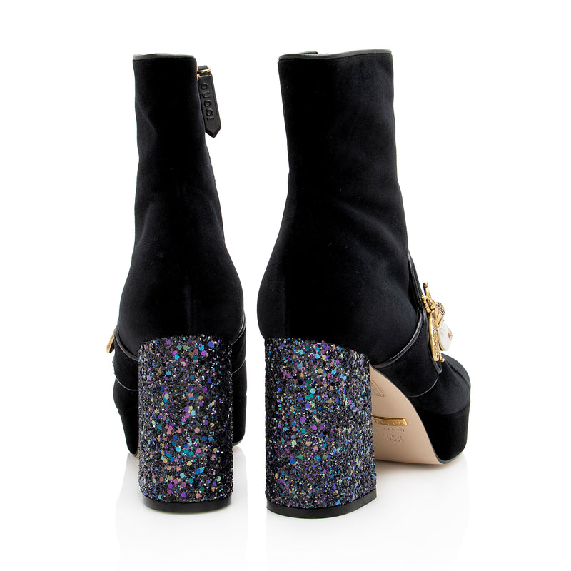 Gucci Velvet Pearl Bee Interlocking GG Soko Glitter Heel Ankle Boots - Size 5.5 / 35.5 (SHF-22917)