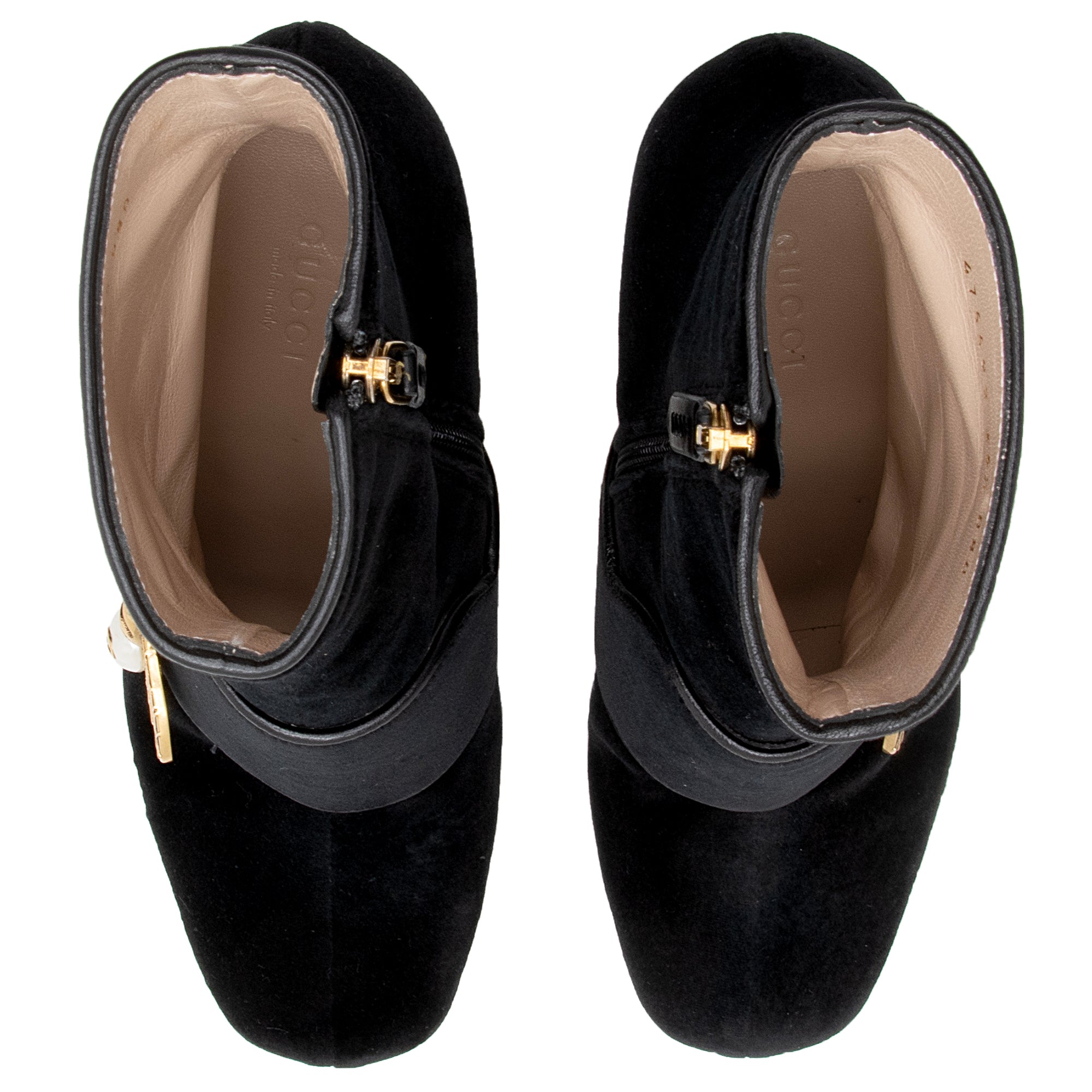 Gucci Velvet Pearl Bee Interlocking GG Soko Glitter Heel Ankle Boots - Size 5.5 / 35.5 (SHF-22917)