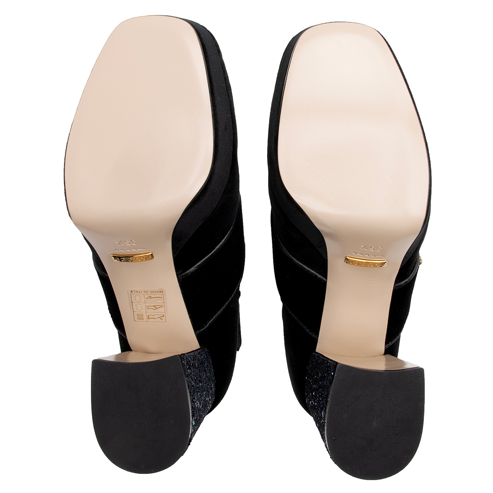 Gucci Velvet Pearl Bee Interlocking GG Soko Glitter Heel Ankle Boots - Size 5.5 / 35.5 (SHF-22917)