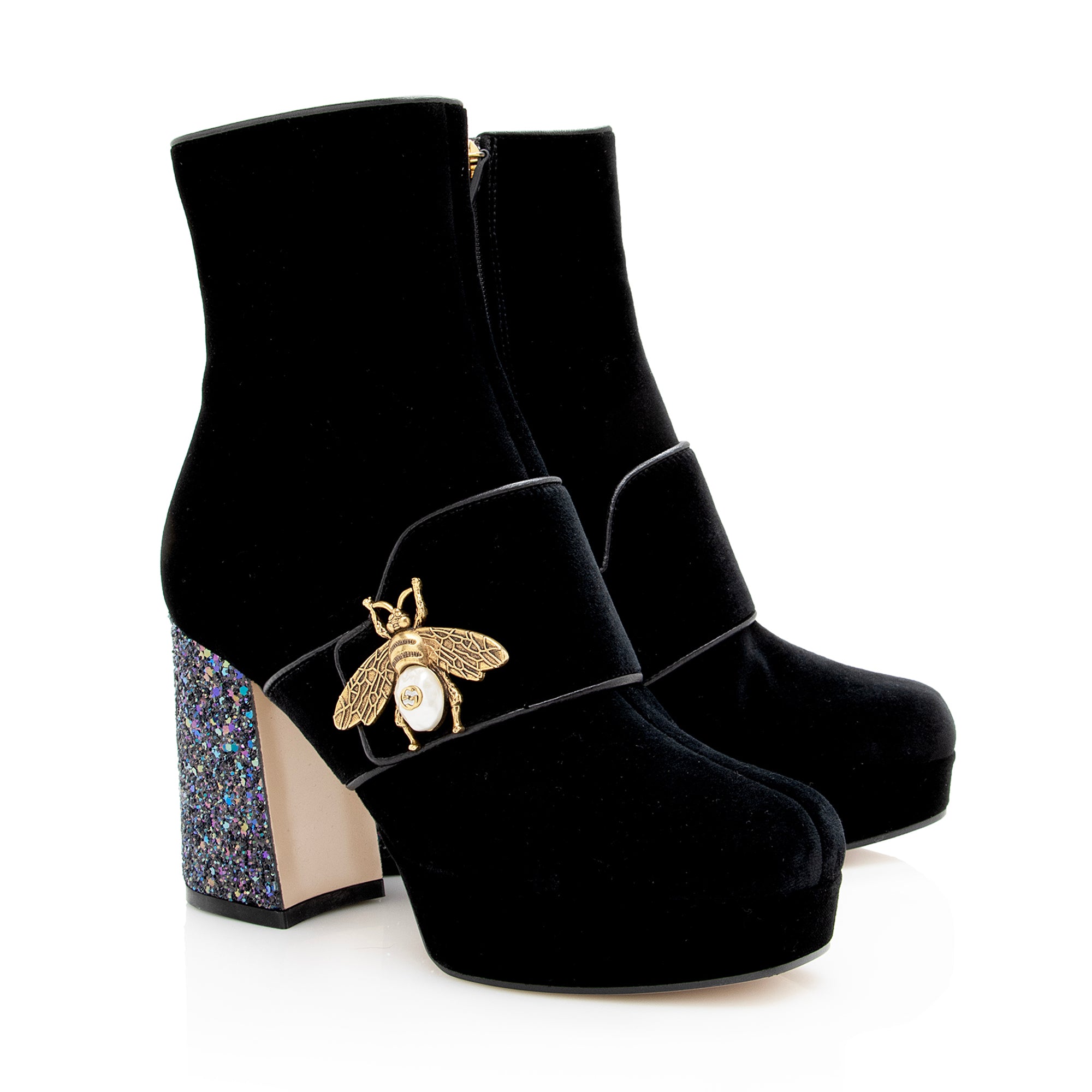 Gucci Velvet Pearl Bee Interlocking GG Soko Glitter Heel Ankle Boots - Size 5.5 / 35.5 (SHF-22917)