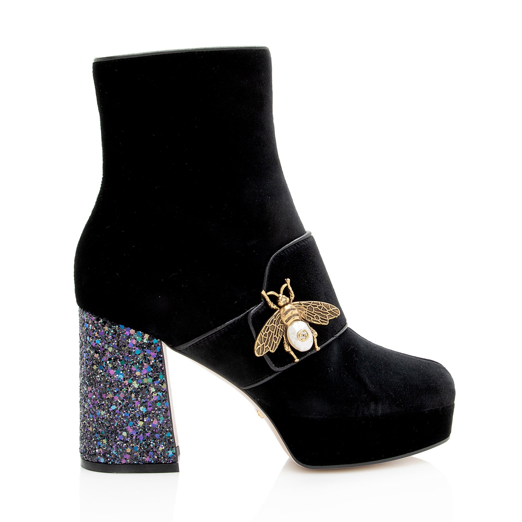 Gucci Velvet Pearl Bee Interlocking GG Soko Glitter Heel Ankle Boots - Size 5.5 / 35.5 (SHF-22917)