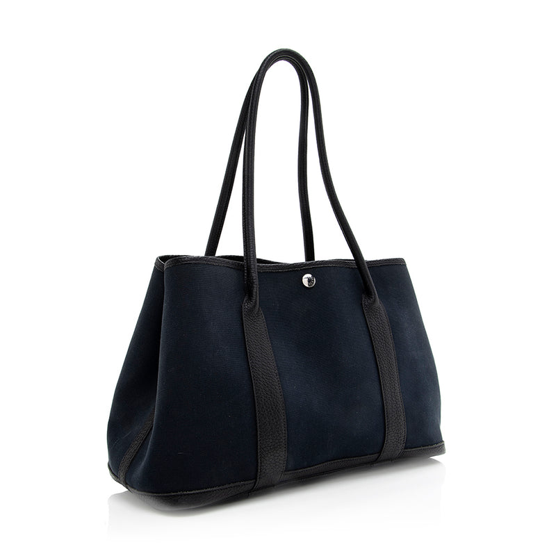 Hermes Garden Party 36 Tote Bag Navy Leather Gray Canvas, Luxury