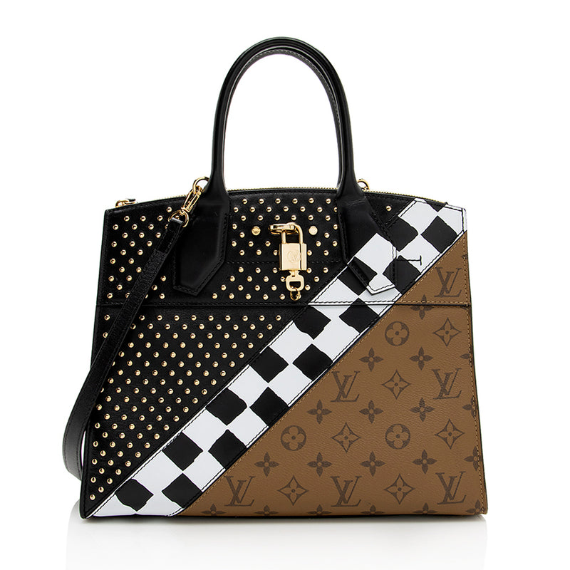 Louis Vuitton City Steamer Handbag Studded Leather and Monogram