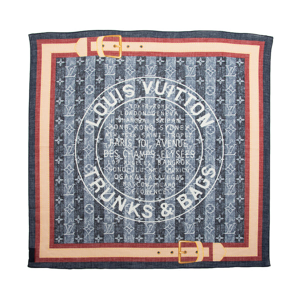 Louis Vuitton Cotton Denim Monogram Trunks & Bags Bandana Scarf (SHF-21874)