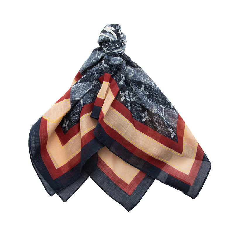 Louis Vuitton monogram denim print TRUNKS&BAGS scarf cotton navy red beige