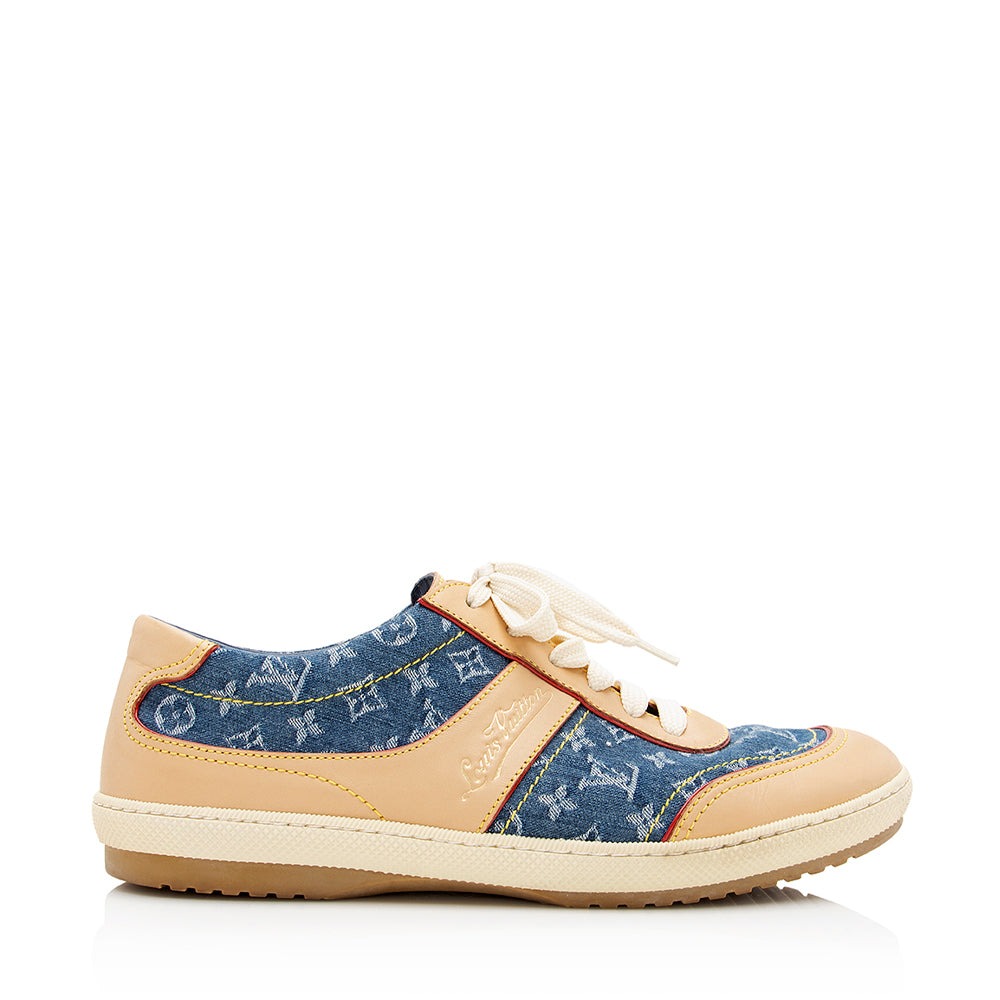 Women's Louis Vuitton Monogram Blue Denim Cream Patent Shoes Sneakers  39, 8.5, 9
