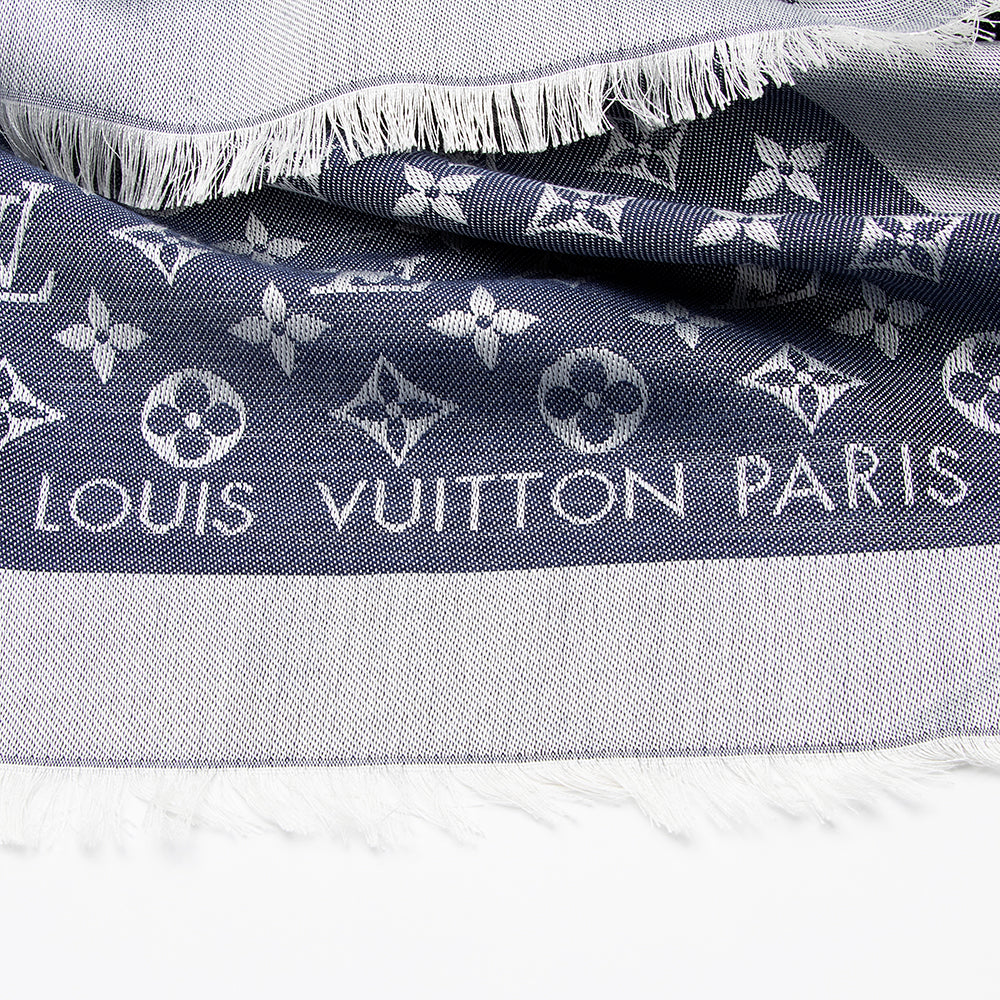 Louis Vuitton Silk & Wool Monogram Denim Monogram Shawl (SHF-21519)