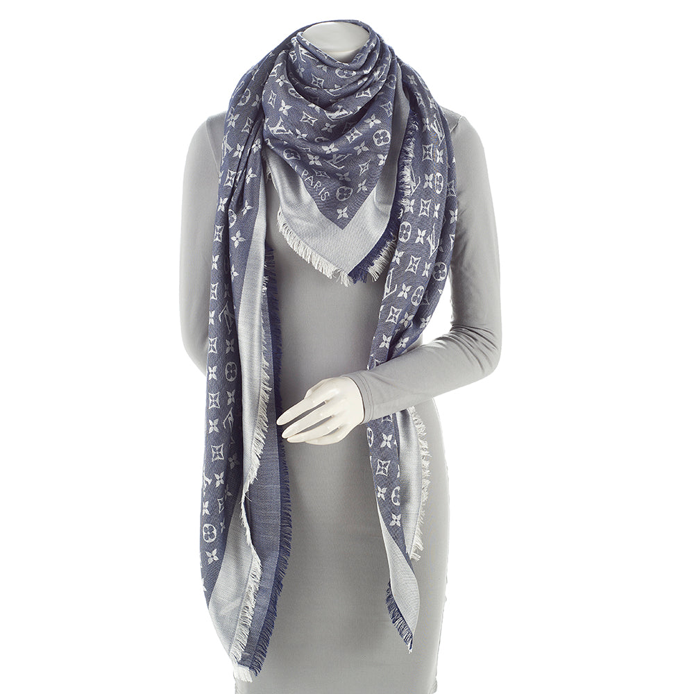 Louis Vuitton Silk & Wool Monogram Denim Monogram Shawl (SHF-21519)