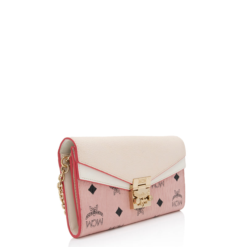 Mcm Large Patricia Visetos Canvas Wallet On A Chain In Pink