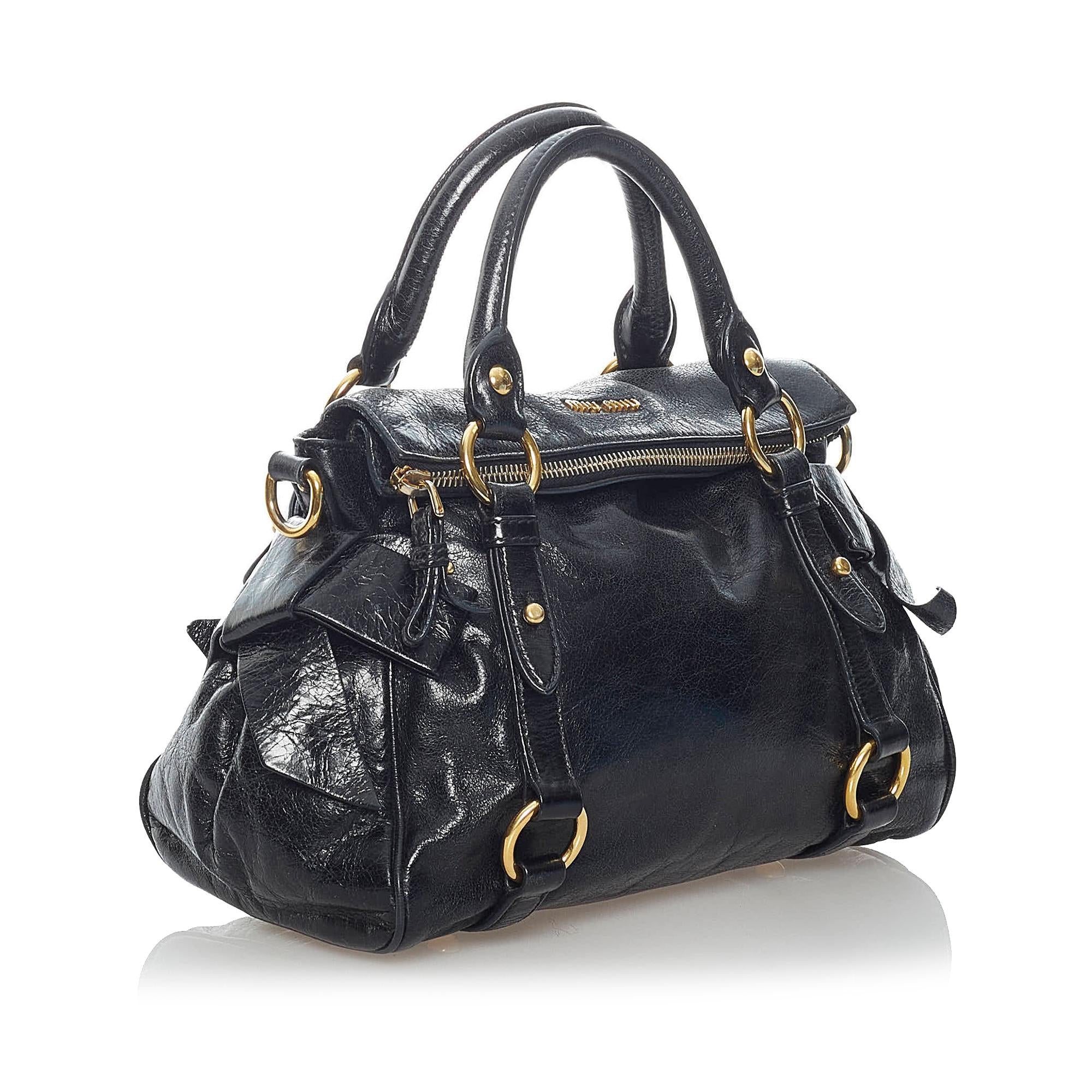 miu miu vitello lux hand bag ribbon 黒 Miu Miu Black Vitello Lux Leather Mini Bow Top Handle Bag