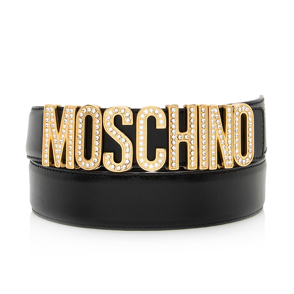 Moschino Leather Embellished Crystal Logo Belt - Size 44 / 100 (SHF-20368)
