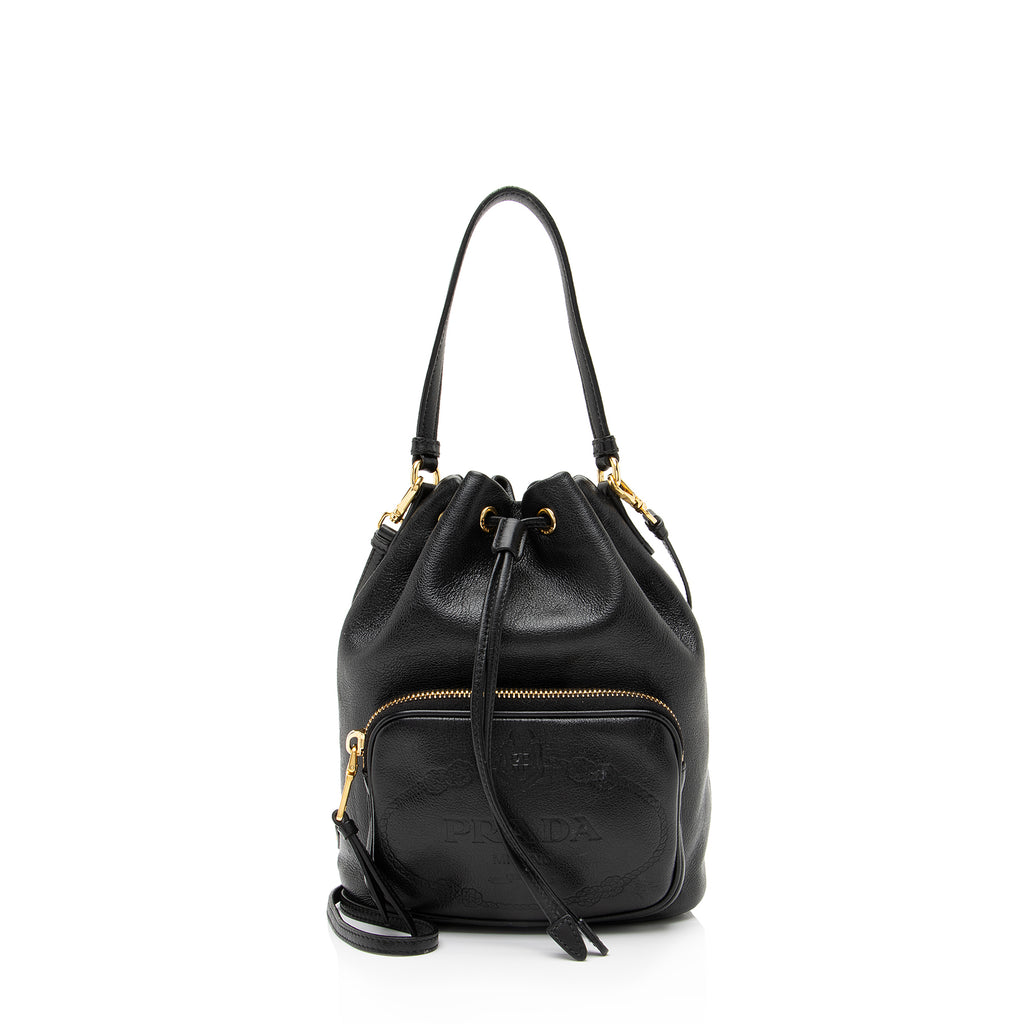 Prada Leather Logo Bucket Bag in Black