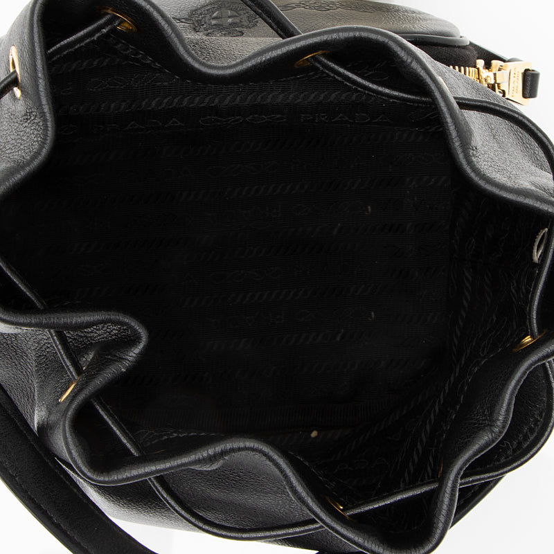 Prada Glace Calf Logo Secchiello Mini Bucket Bag (SHF-23357) – LuxeDH